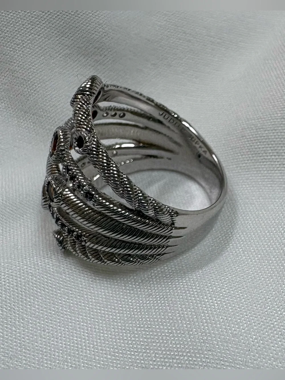 Judith Ripka Silver Multi-Band Ring with Deep Red Stones